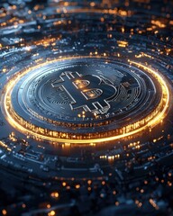 Fototapeta premium Bitcoin cryptocurrency trading event digital space graphic design futuristic environment close-up view blockchain concept