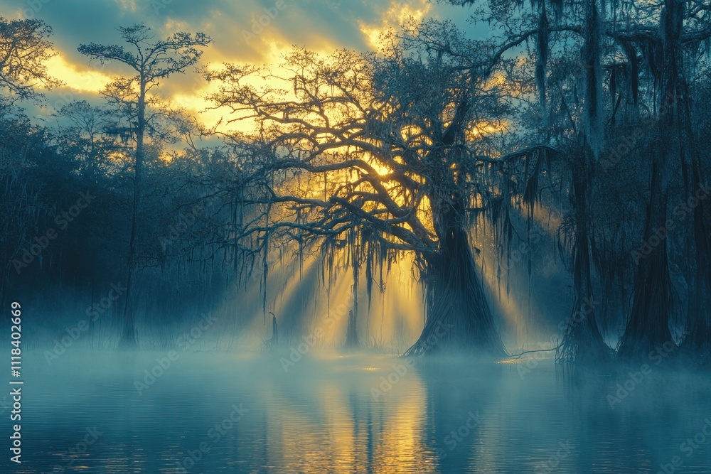 Poster sunlight filters through the tangled branches of a swamp forest at dawn, illuminating the mist