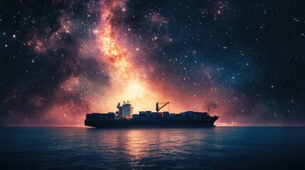Nighttime view of a container ship under a galaxy of stars, highlighting cosmic-scale connectivity 