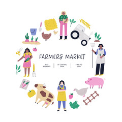 Vibrant hand drawn farmers market circle poster. Vector banner, templates for agricultural fair, agricultural festival.
