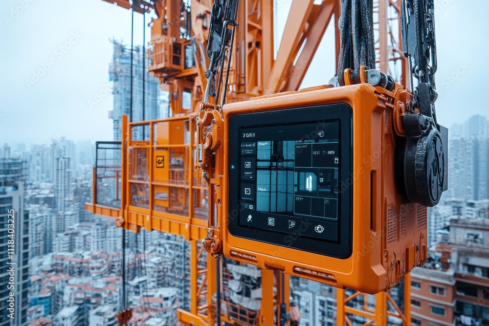 Poster advanced cranes equipped with real-time tracking technology operate in an urban environment