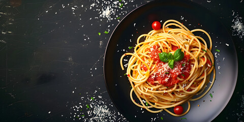 Classic Dish Spaghetti in Tomato Sauce with Basil Leaves Concept Italian Cuisine Pasta Recipes Popular Dishes Cooking Basics
