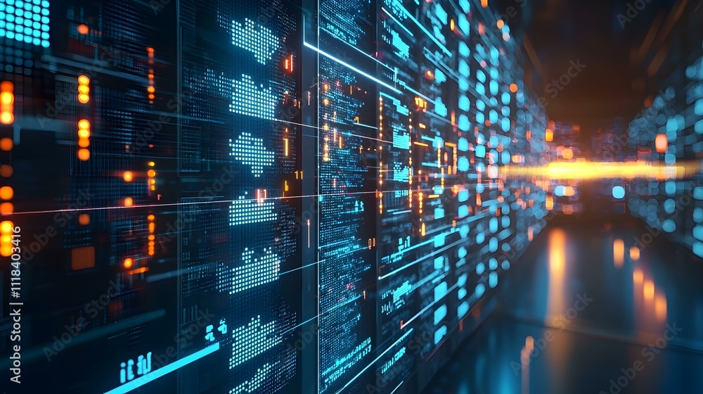 Poster futuristic digital data stream flowing through a virtual tunnel. abstract technology background.