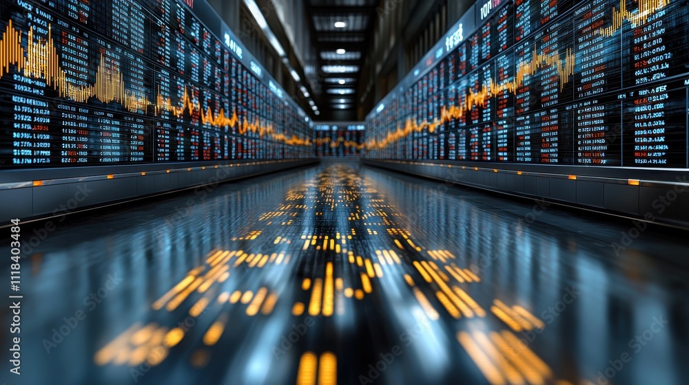 Poster market analysis visualization financial district data display high-tech environment perspective view