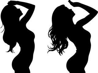 Black silhouettes of posing women with long hair on white background, showing body curves