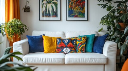 Colorful Pillows Adorn White Sofa In Vibrant Living Room