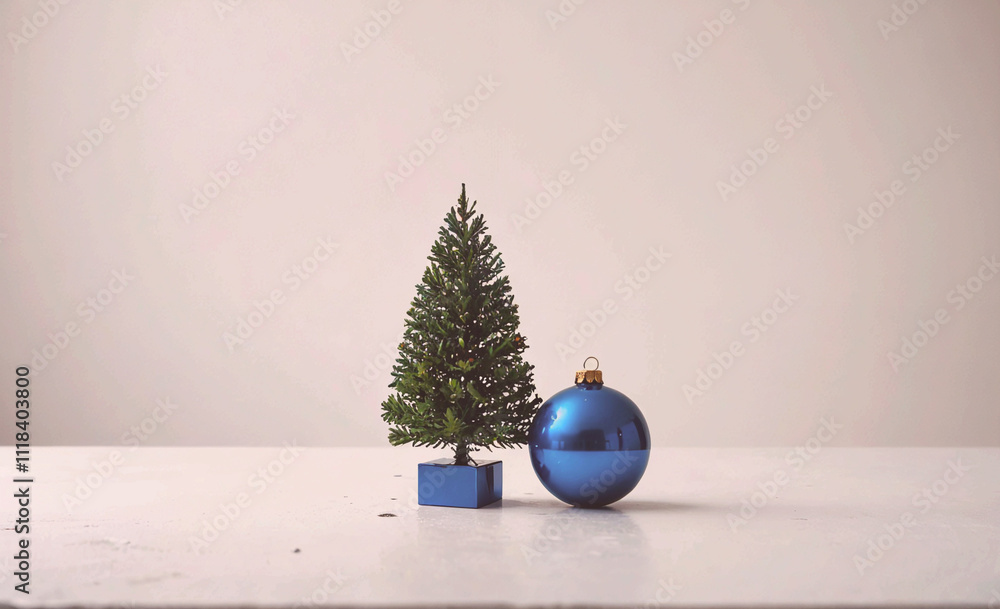 Poster A blue ornament and a small Christmas tree are on a white table. The ornament is hanging from a string and the tree is placed in front of it. Concept of warmth and holiday cheer