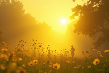 Obraz premium Woman walking in golden misty field at sunrise