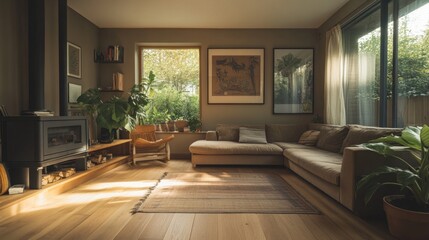 Fototapeta premium Sunlit Living Room With Sectional Sofa And Wood Burning Stove