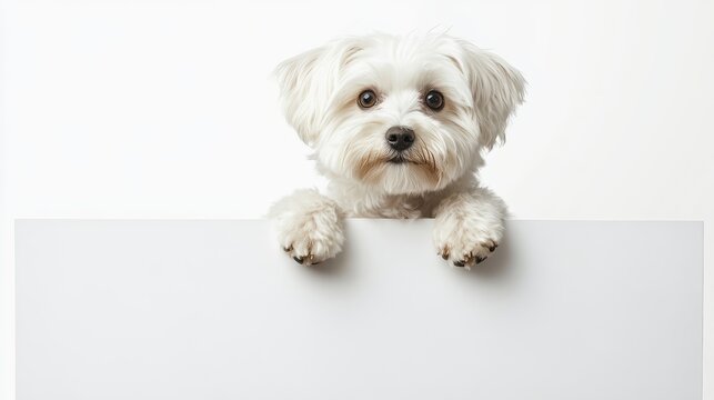 A white dog is looking at the camera and peering over a white board