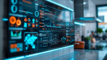 Smart Kitchen Technology: A modern kitchen with a sleek, futuristic display showcasing fresh produce. The image conveys the seamless integration of technology into the culinary world.