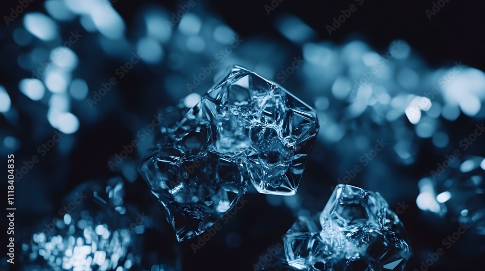 Poster close-up shot of translucent ice crystals, showcasing intricate textures and bokeh background. perfe