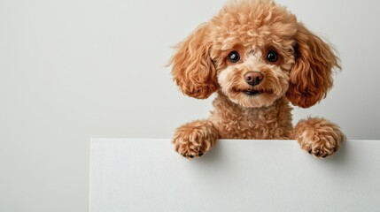 A cute little dog is peeking out from behind a white board