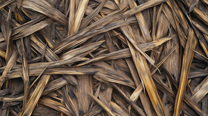Natural dried wood shavings and straw texture with organic fibrous details in warm earthy tones