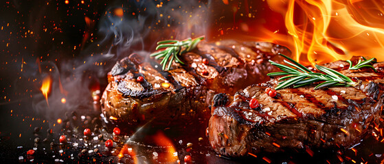 Sizzling steak cooked over flames on a blazing barbecue grill outdoors Concept Grilled Steak Barbecue Cooking Outdoor Grilling Meat Lovers FlameGrilled Delights
