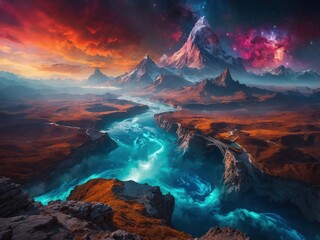 Fototapeta premium A high-resolution surreal landscape featuring floating islands, vibrant skies, otherworldly flora, and a glowing river flowing through the scene