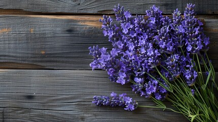 Fototapeta premium Bouquet of Lavender Flowers with Blank Label Card on Wooden Table