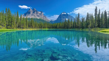 Mountain lake reflecting majestic peaks and trees