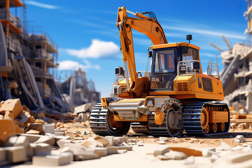 Attractive Small yellow toy excavator sits on top of open laptop keyboard