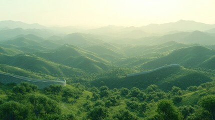 Naklejka premium Panoramic view of the Great Wall of China winding through lush green hills. Misty mountains in the distance.
