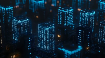 Obraz premium Futuristic city skyline at night, glowing digital buildings. Abstract metropolis concept.