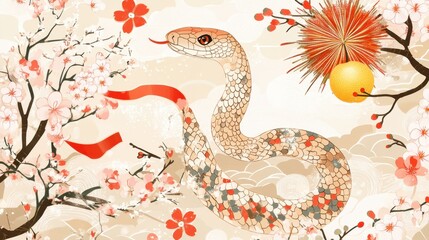 Fototapeta premium Cartoon snake holding a golden peach, with a background featuring plum blossoms, fireworks, and red banners.