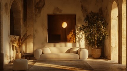 Obraz premium Sunlit Interior Design Featuring Modern Sofa and Artwork