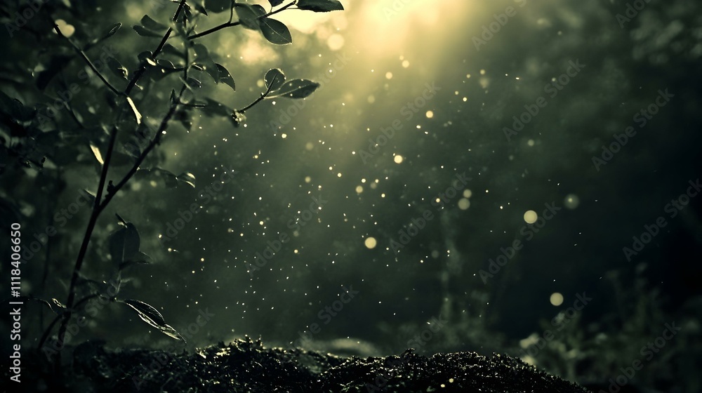 Aufkleber mystical forest scene with sunlight filtering through leaves and dust particles. image evokes tranqu