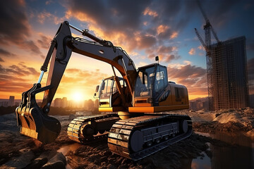 Exceptional large excavator is working on a construction site The sun is setting in the background