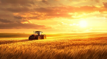 Obraz premium Tractor in Golden Wheat Field at Sunset