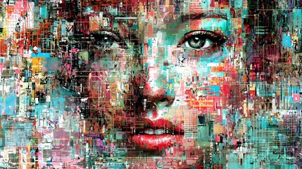 Fototapeta premium Abstract portrait of a woman, face composed of colorful fragmented cityscapes. Digital art, modern art.