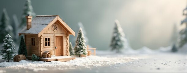 Naklejka premium A cozy wooden cabin nestled in a snowy winter wonderland, surrounded by miniature evergreen trees. Perfect holiday scene!