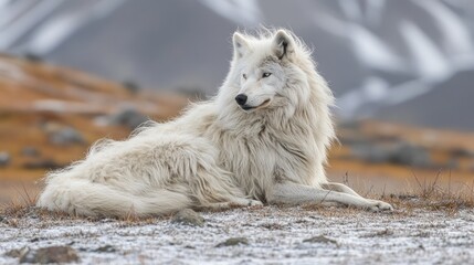 Obraz premium Arctic Wolf Resting In Snowy Mountain Landscape