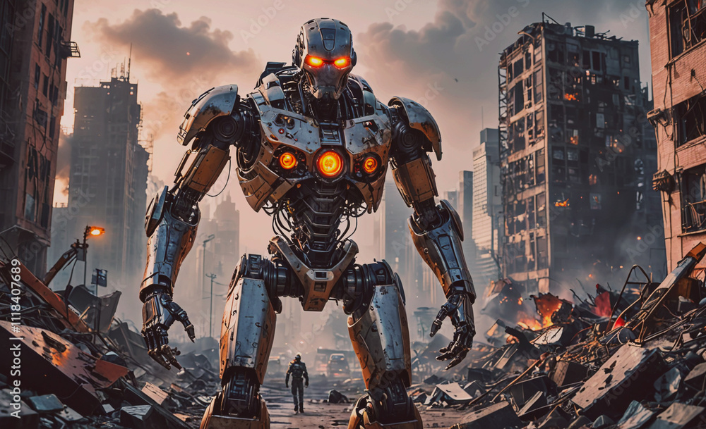 Aufkleber A robot is standing in a city with a lot of destruction. The robot is very large and has a menacing look on its face. The scene is dark and eerie, with the robot dominating the foreground