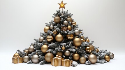 Festive decorated christmas tree with gold ornaments and presents beneath