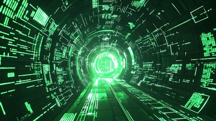 Fototapeta premium Futuristic green digital tunnel, glowing lines, abstract tech background. Ideal for sci-fi, technology, and virtual reality projects.