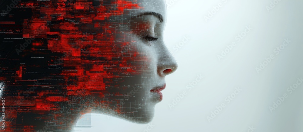 Poster silhouette of human head made of illuminated binary code, artificial intelligence concept, with copy