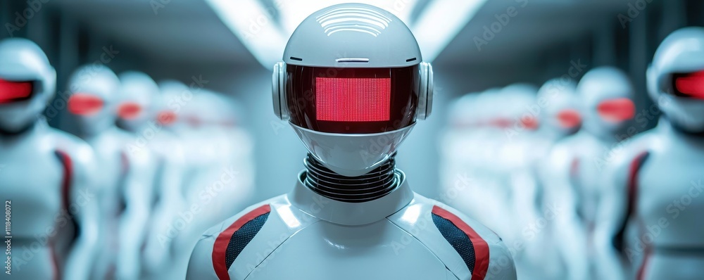 Poster a futuristic scene featuring humanoid robots with red-lit visors, lined up in a sleek, high-tech env