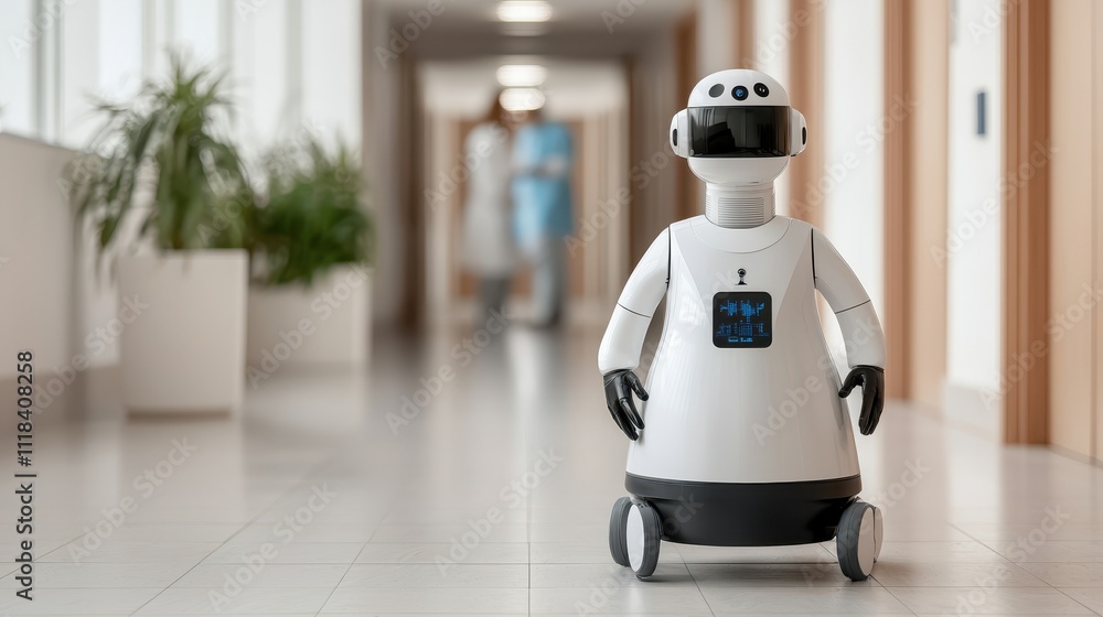 Poster a friendly robot stands on wheels in a modern hallway, showcasing advancements in robotics and autom