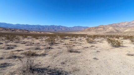 Desert landscape with mountains under a clear blue sky
