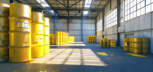 A warehouse with yellow barrels and one with a blue background
