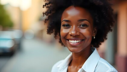 Fototapeta premium Black African American woman with afro hairstyle and a big smile