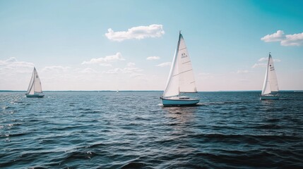 Fototapeta premium Sailboats Gracefully Glide Across Calm Waters Under A Sunny Sky