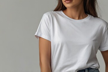 Fototapeta premium Close Up woman Wearing white Casual T-shirt white top mockup