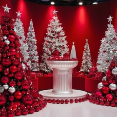 A vibrant Christmas display set against a deep, rich red background that evokes warmth and festivity, featuring a ornate, rounded podium at its center.AI generated