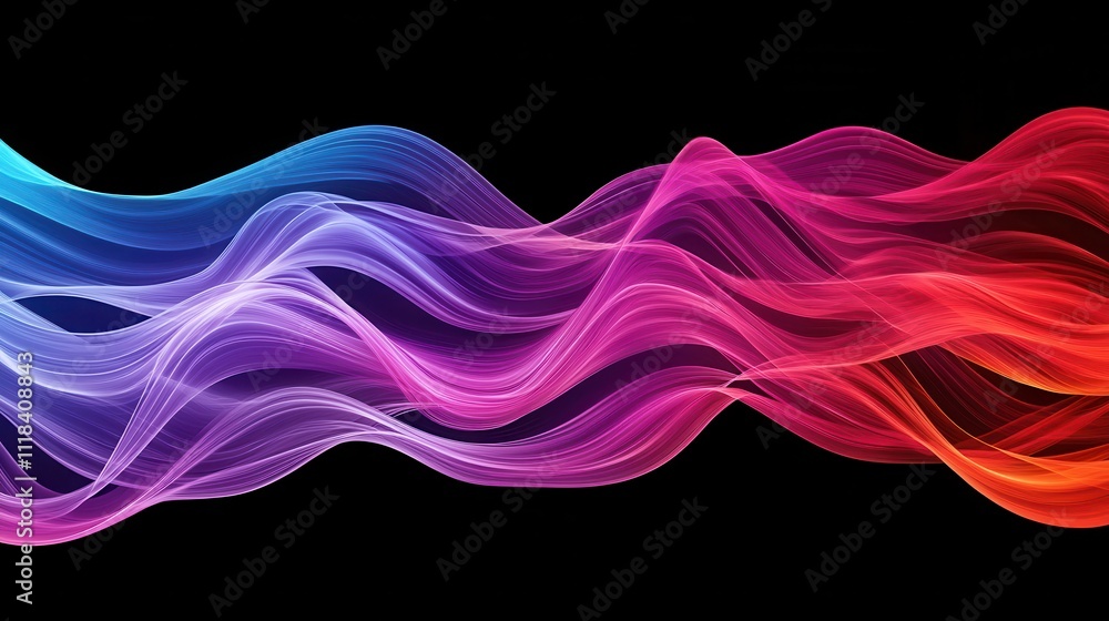 Poster a vibrant wave of colorful lines flows smoothly against a black background, creating a dynamic visua