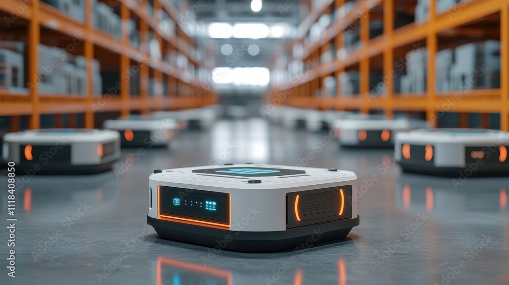 Poster a modern warehouse scene featuring autonomous robots navigating aisles, optimizing logistics and inv