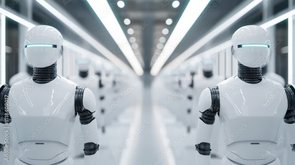 Poster a futuristic corridor populated by humanoid robots, showcasing sleek design and advanced technology 
