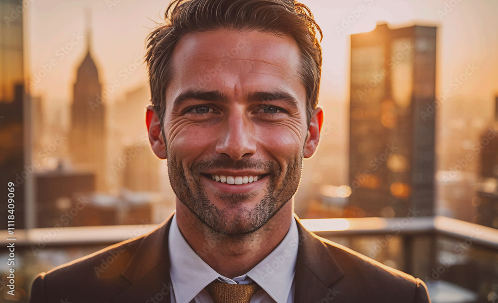 Aufkleber a man in a suit and tie is smiling at the camera. he is standing on a rooftop in a city