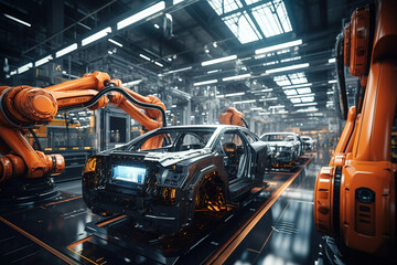 Awesome Robotic assembly line in an automotive factory